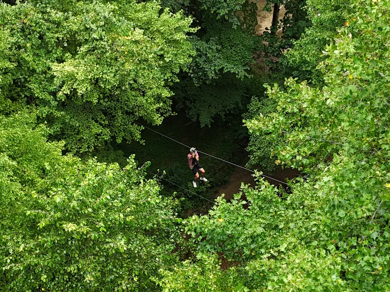 Aerial view of a zip line cutting through the forest at Canopy Adventure Park